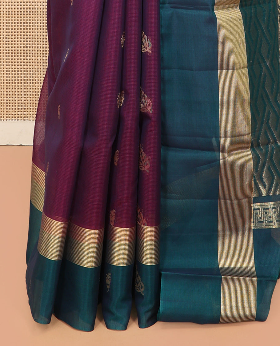 Purple Silk Cotton Saree, Bedecked with Zari Buttas, a Contrast Leaf Motif Border, Geometric Pallu, and a Contrast Blouse