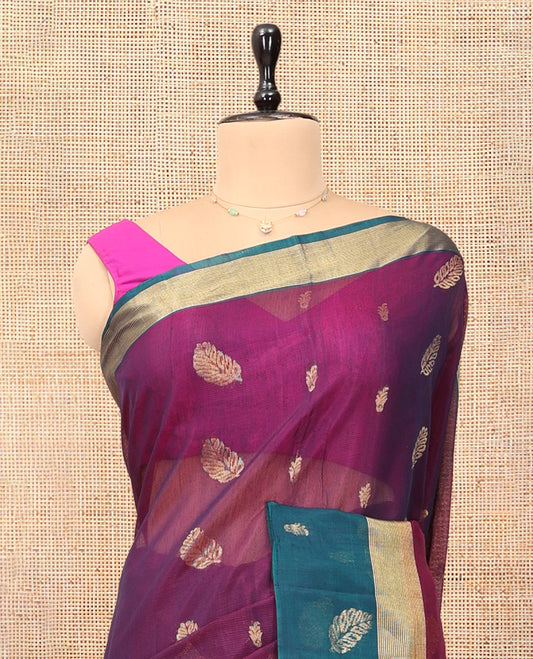 Purple Silk Cotton Saree, Bedecked with Zari Buttas, a Contrast Leaf Motif Border, Geometric Pallu, and a Contrast Blouse