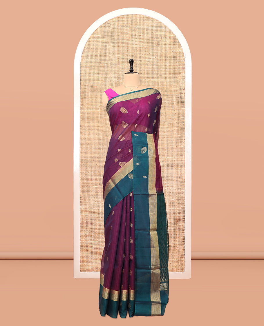 Purple Silk Cotton Saree, Bedecked with Zari Buttas, a Contrast Leaf Motif Border, Geometric Pallu, and a Contrast Blouse