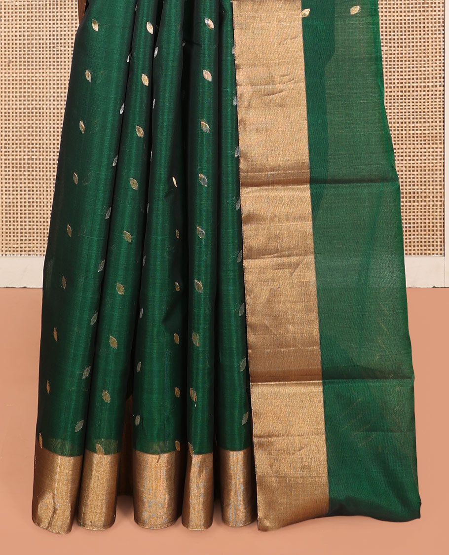 Green Silk Cotton Saree, Embellished with Zari Buttas, a Gleaming Bavanji Border, Pallu of Jaal Designs, and a Matching Blouse