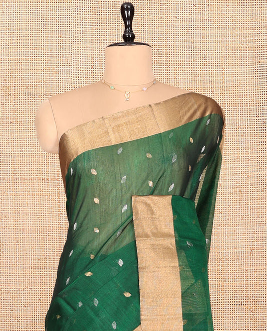 Green Silk Cotton Saree, Embellished with Zari Buttas, a Gleaming Bavanji Border, Pallu of Jaal Designs, and a Matching Blouse