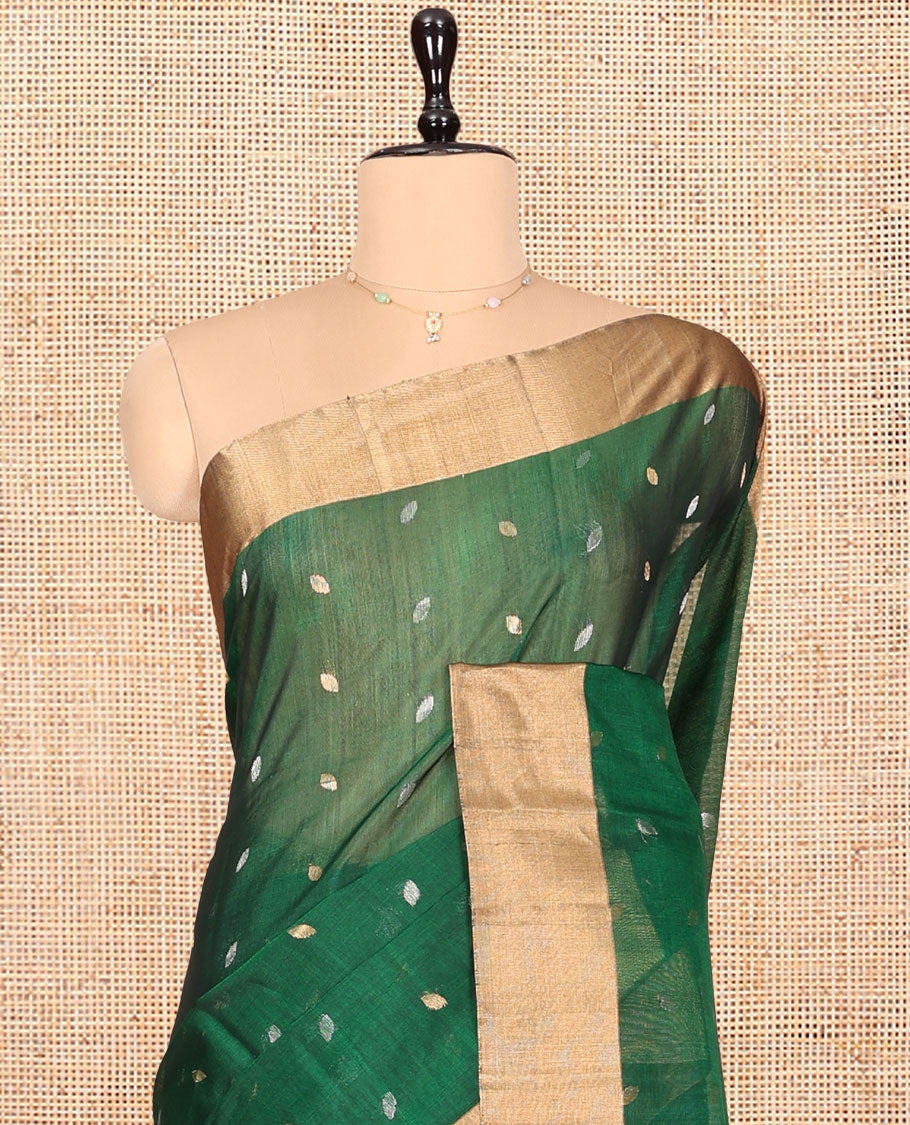 Green Silk Cotton Saree, Embellished with Zari Buttas, a Gleaming Bavanji Border, Pallu of Jaal Designs, and a Matching Blouse