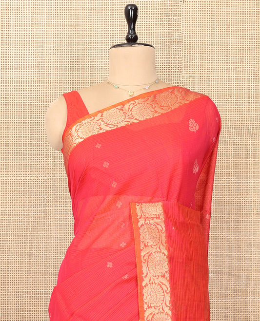 Red Silk Cotton Saree, Delicately Woven with Zari Buttas and Stripes, a Contrast Floral Creeper Border, Floral Design Pallu, and a Matching Blouse