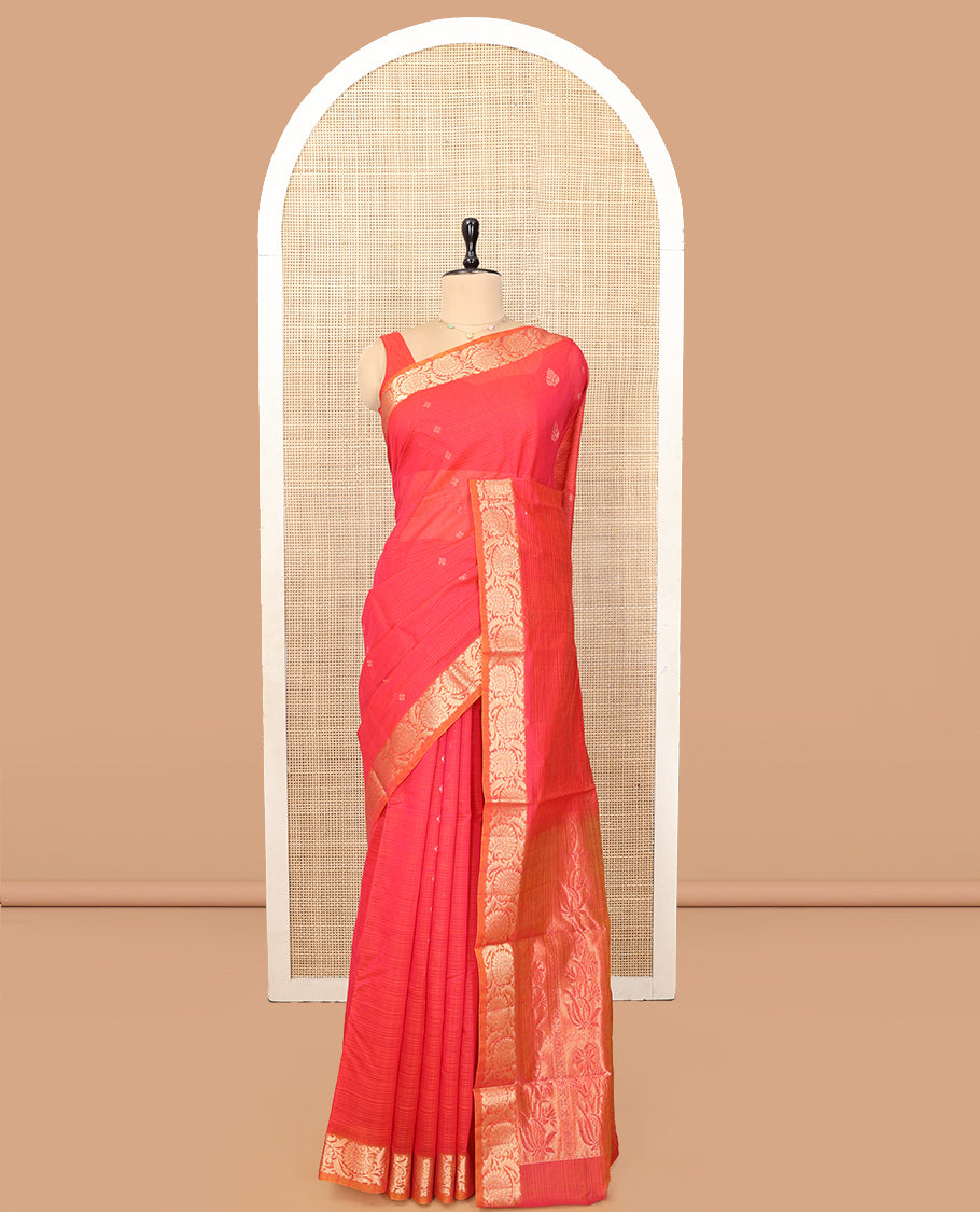 Red Silk Cotton Saree, Delicately Woven with Zari Buttas and Stripes, a Contrast Floral Creeper Border, Floral Design Pallu, and a Matching Blouse