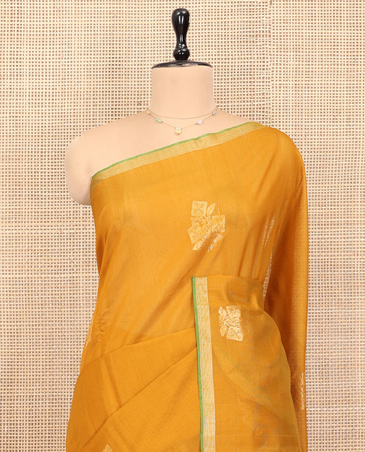Yellow Silk Cotton Saree, Embellished with Zari Buttas, a Subtle Contrast Piping Zari Border, Grand Pallu, and a Contrast Blouse