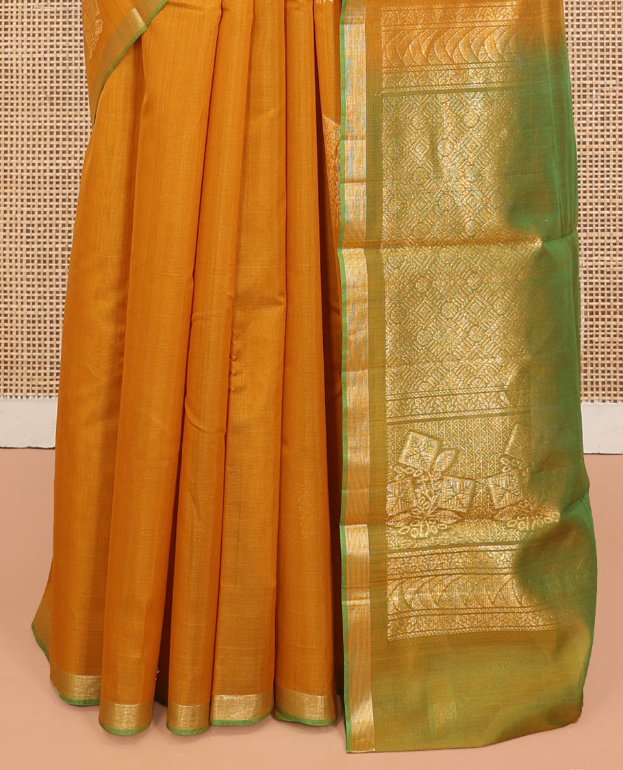 Yellow Silk Cotton Saree, Embellished with Zari Buttas, a Subtle Contrast Piping Zari Border, Grand Pallu, and a Contrast Blouse