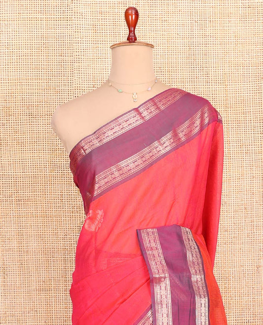 Pink Silk Cotton Saree, Decked Up with Zari Buttas All Over Its Body, Complemented by a Contrast Traditional Zari Design Rettai Pettu Border, Pallu of Intricate Designs, and Paired with a Contrast Blouse