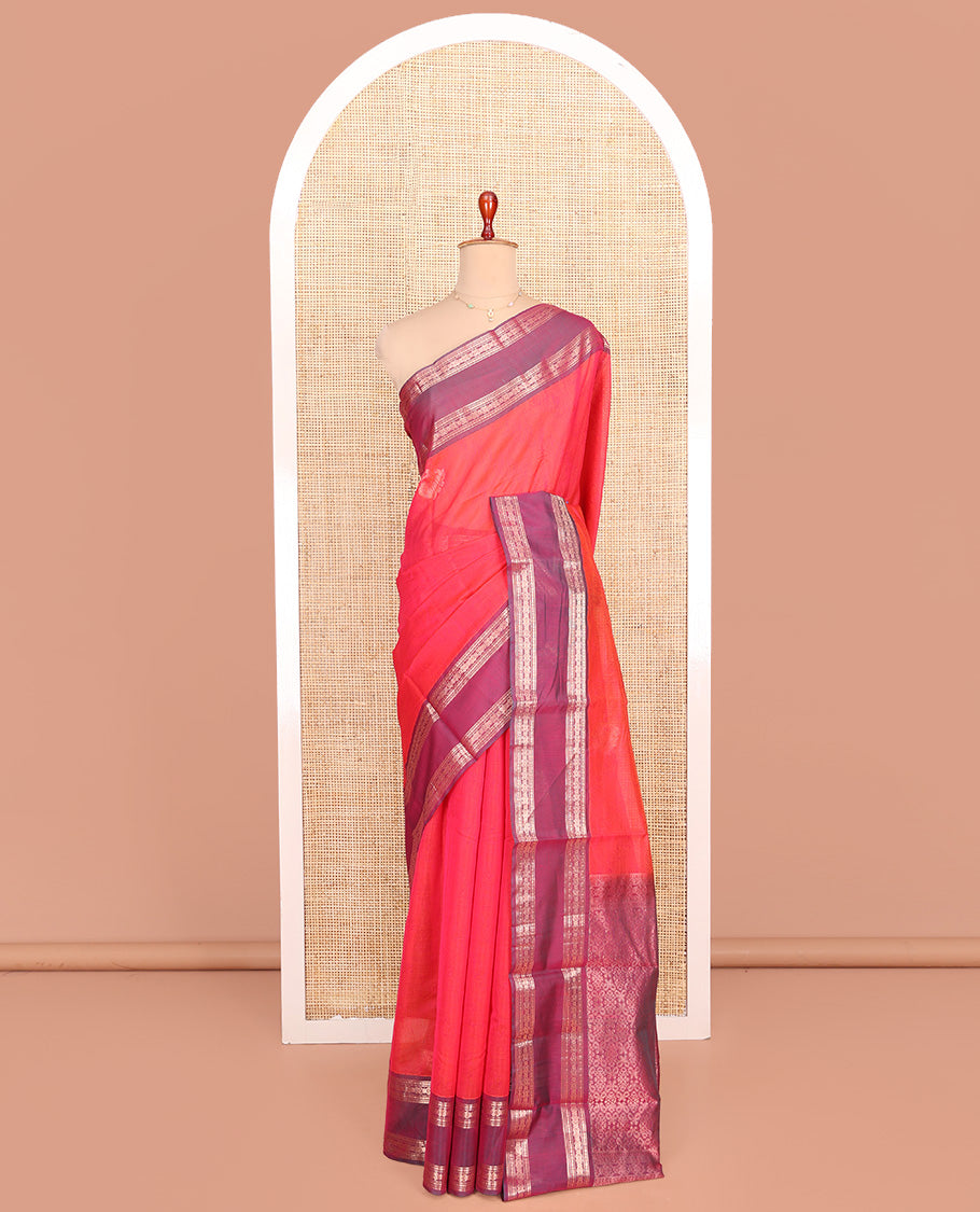 Pink Silk Cotton Saree, Decked Up with Zari Buttas All Over Its Body, Complemented by a Contrast Traditional Zari Design Rettai Pettu Border, Pallu of Intricate Designs, and Paired with a Contrast Blouse