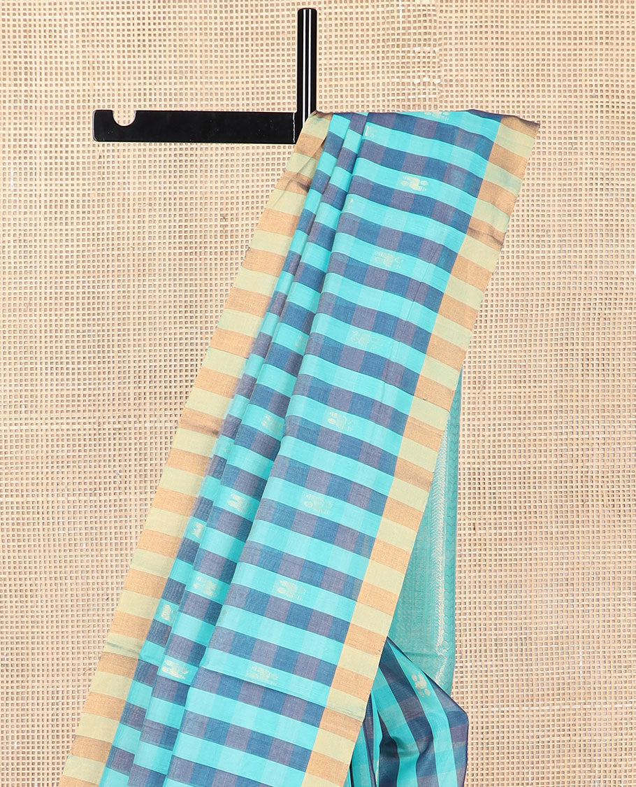 Blue checked silk cotton saree with contrast striped border & floral design pallu