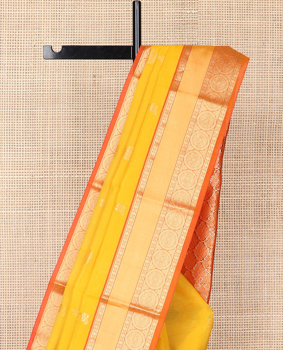 Orange motifs silk cotton saree with contrast zari design border & ogee design pallu