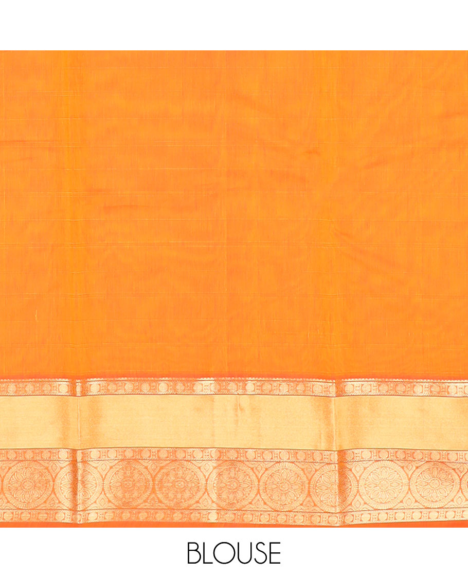 Orange motifs silk cotton saree with contrast zari design border & ogee design pallu
