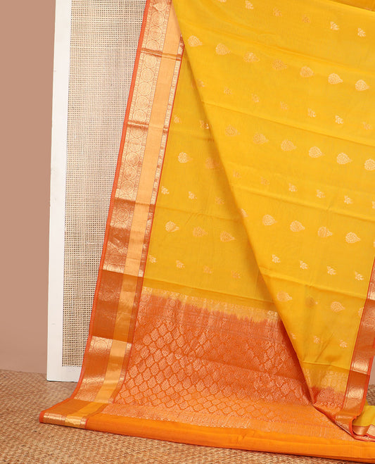 Orange motifs silk cotton saree with contrast zari design border & ogee design pallu