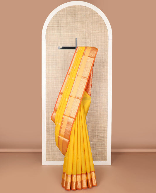 Orange motifs silk cotton saree with contrast zari design border & ogee design pallu