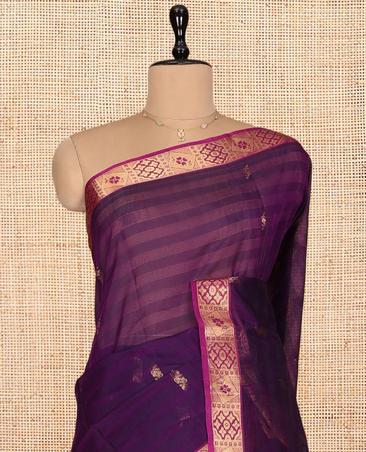 Purple Silk Cotton Saree, Embellished with Zari Buttas and Stripes, Complemented by a Contrast Traditional Zari Border, Floral Jaal Pallu, and a Contrast Blouse