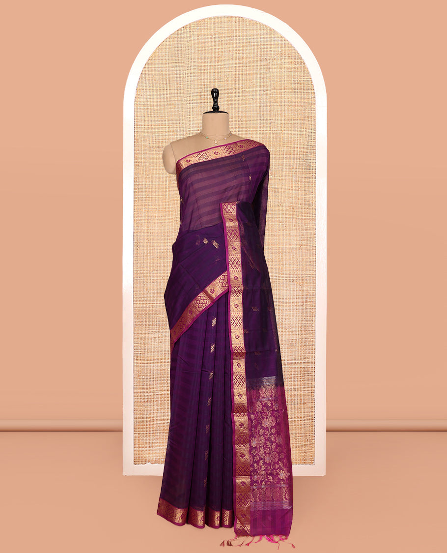 Purple Silk Cotton Saree, Embellished with Zari Buttas and Stripes, Complemented by a Contrast Traditional Zari Border, Floral Jaal Pallu, and a Contrast Blouse
