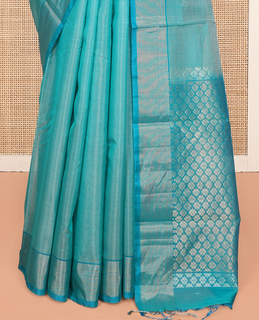 Blue Silk Cotton Saree, Woven with Floral Buttas, Highlighted by Self-Striped Border, Pallu of Floral Designs, and a Matching Blouse
