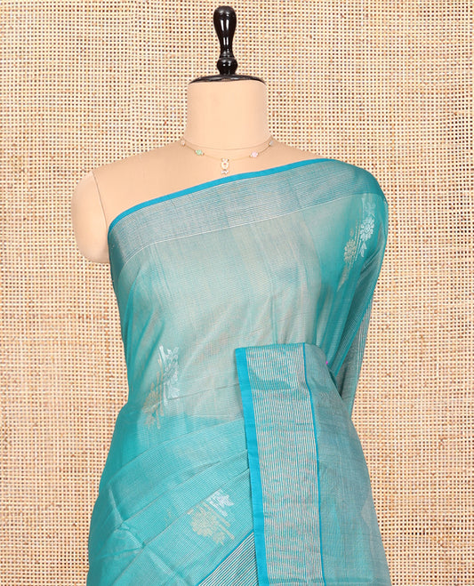 Blue Silk Cotton Saree, Woven with Floral Buttas, Highlighted by Self-Striped Border, Pallu of Floral Designs, and a Matching Blouse