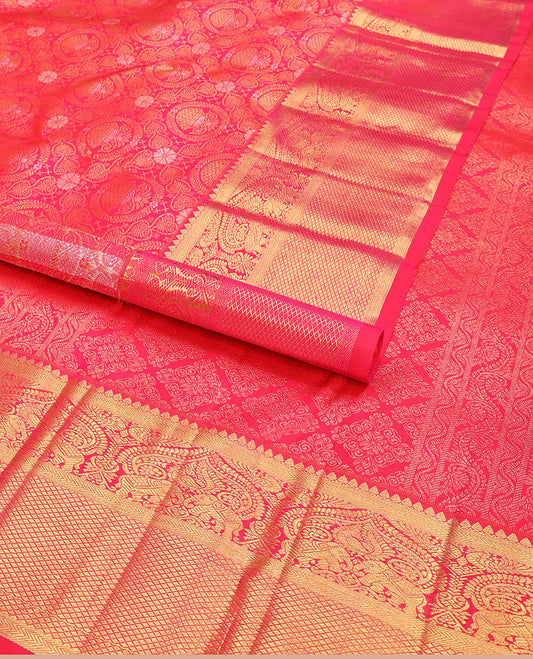 Red jacquard samudrika silk saree with self intricate zari design border & traditional zari design pallu