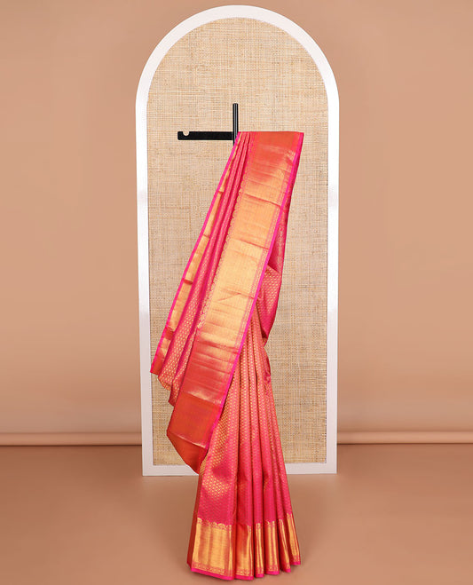 Pink floral jacquard silk saree with self border of muthu, banaras design & intricate zari design pallu