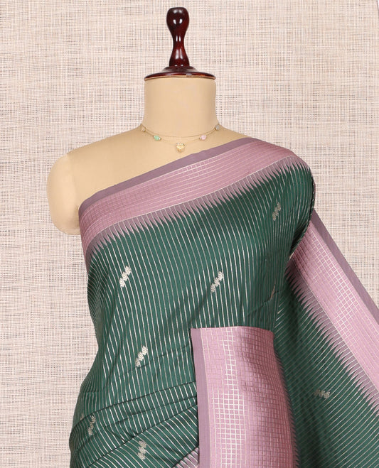 Green Fancy Soft Silk Saree, Embellished with Zari Butta and Stripes, Complemented by Contrast Zari Checked Temple Border, Grand Pallu, and a Contrast Blouse