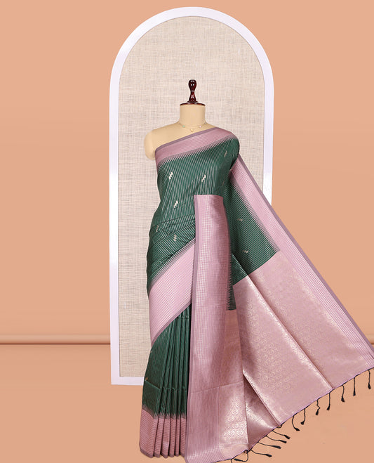 Green Fancy Soft Silk Saree, Embellished with Zari Butta and Stripes, Complemented by Contrast Zari Checked Temple Border, Grand Pallu, and a Contrast Blouse