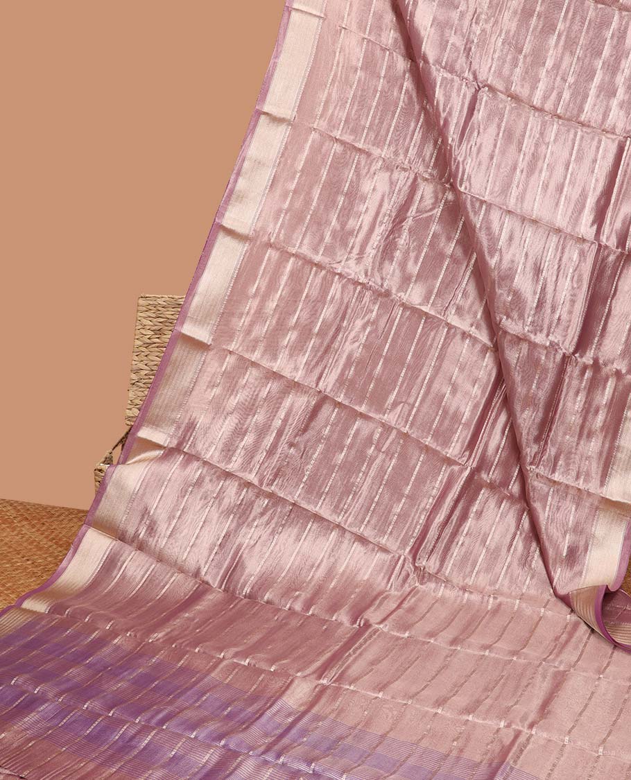 Pastel pink striped semi-banaras tissue saree, plain border and striped pallu 