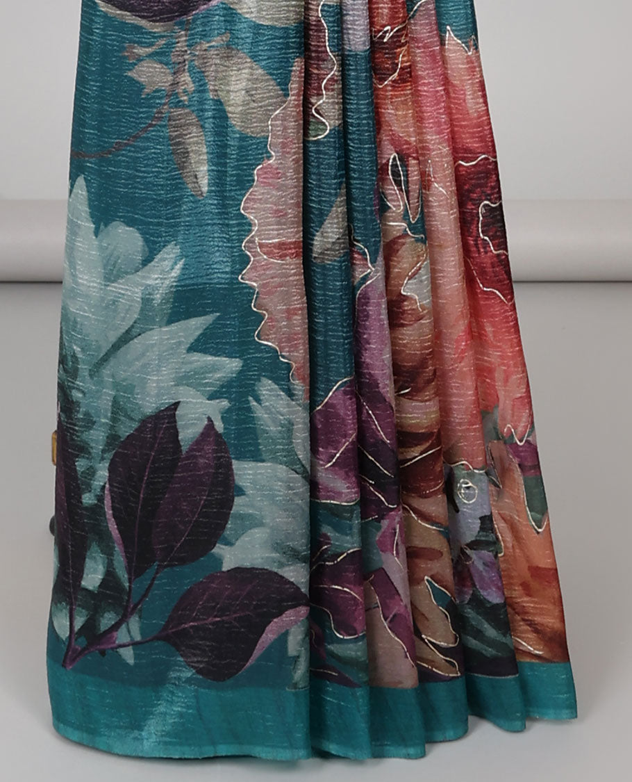 Blue floral printed crush tissue saree with self-border & striped pallu