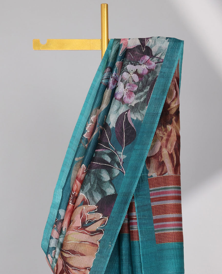 Blue floral printed crush tissue saree with self-border & striped pallu