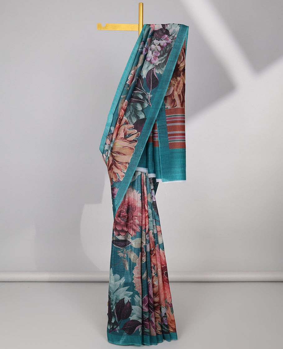 Blue floral printed crush tissue saree with self-border & striped pallu