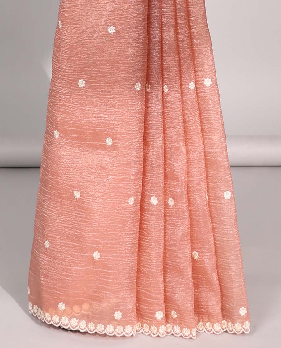 Peach crushed tissue saree with all-over floral motifs embroidered & floral scallop border