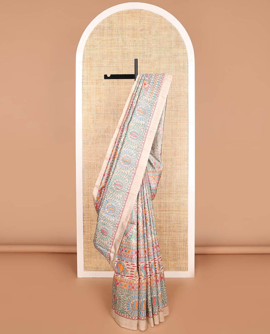 Cream all-over madhubani style design tussar saree with self plain border