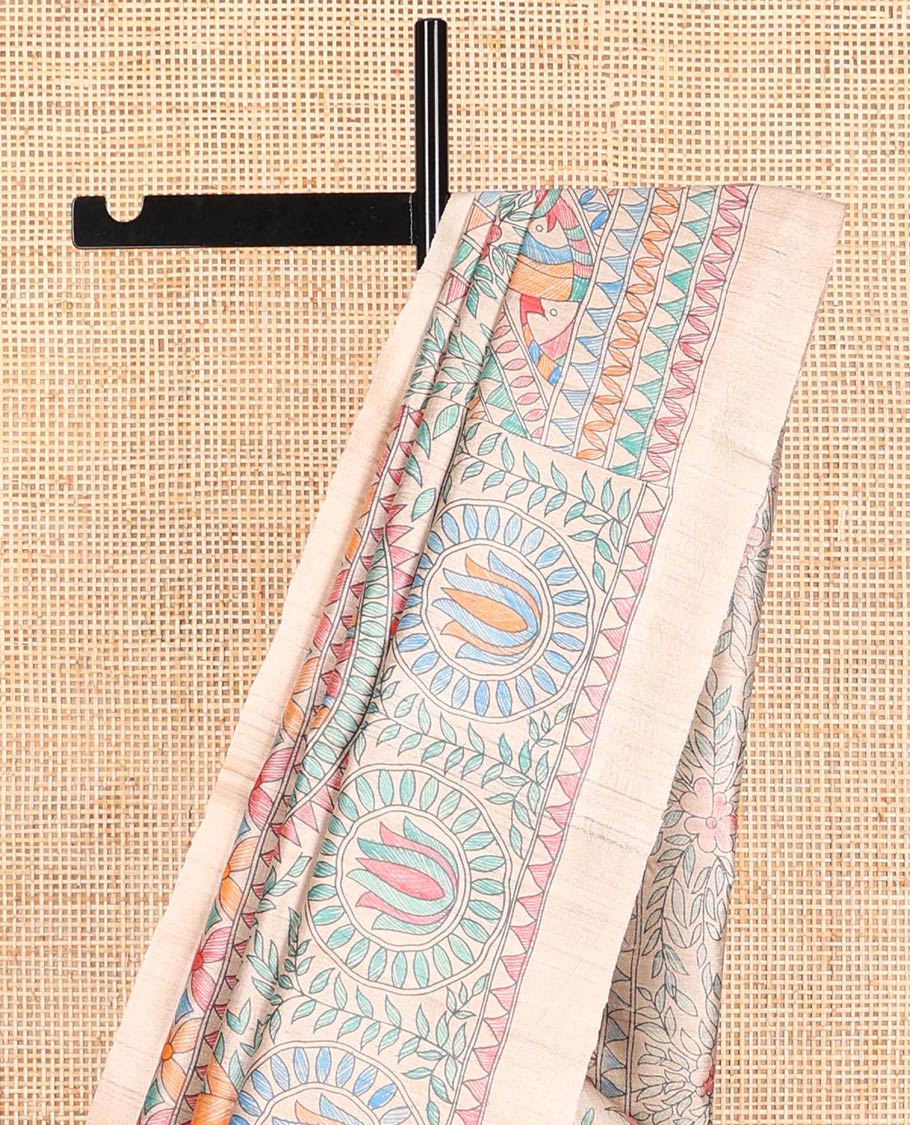 Cream all-over madhubani style design tussar saree with self plain border