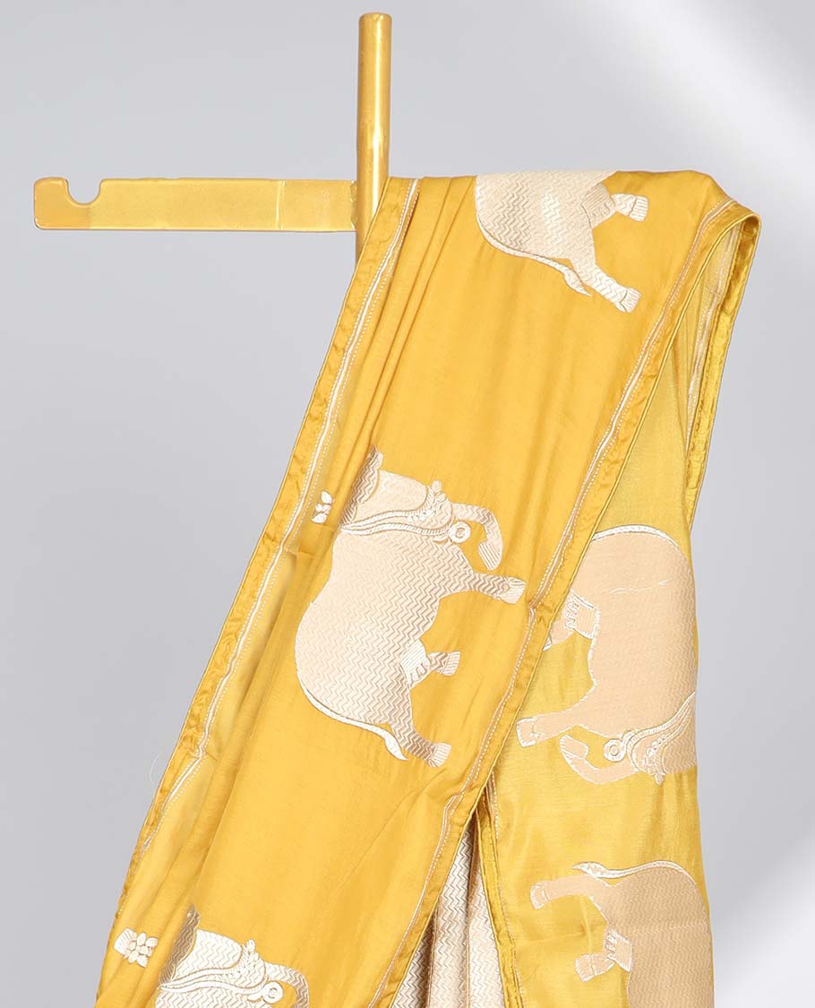 Yellow floral motifs semi-banaras tussar saree with self pichwai border & zari design pallu
