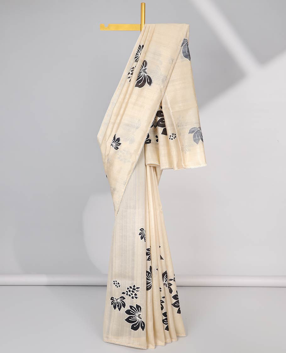 Cream floral design semi-tussar saree with scallop border