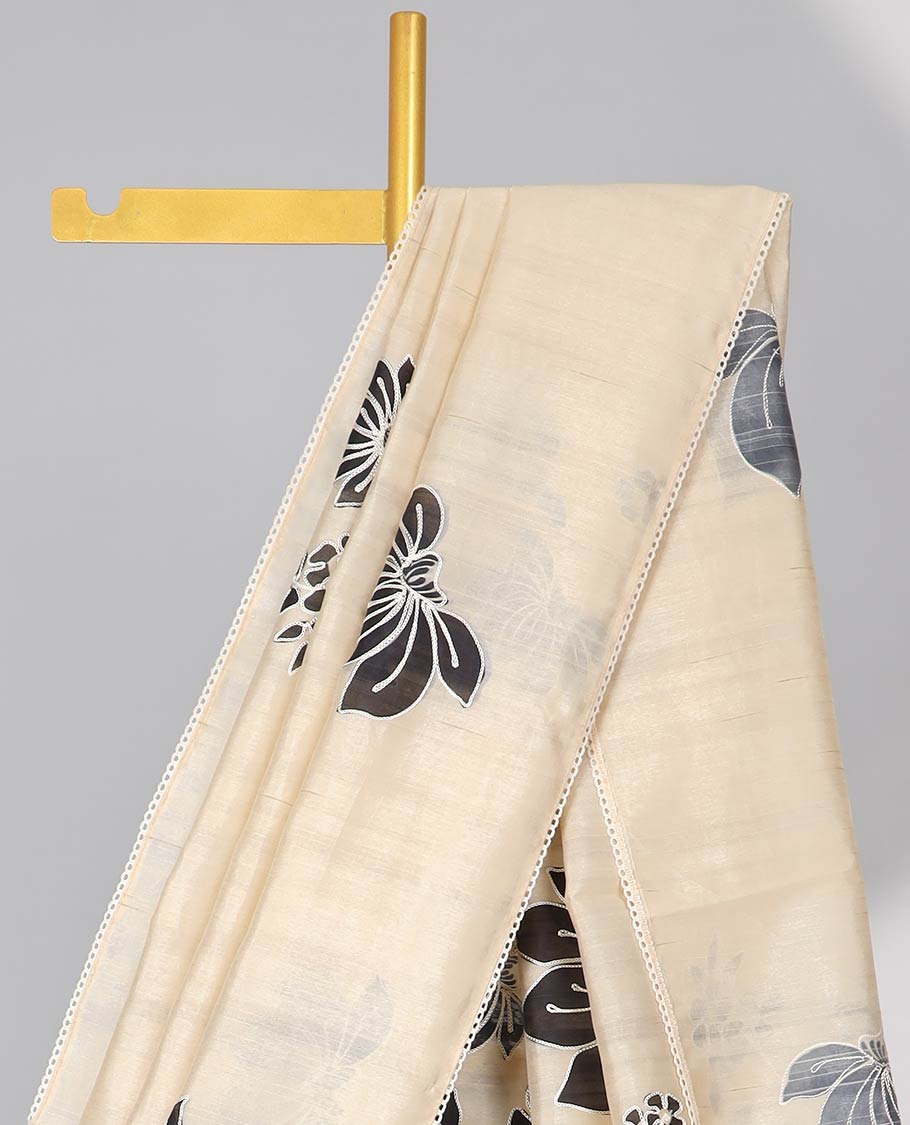 Cream floral design semi-tussar saree with scallop border