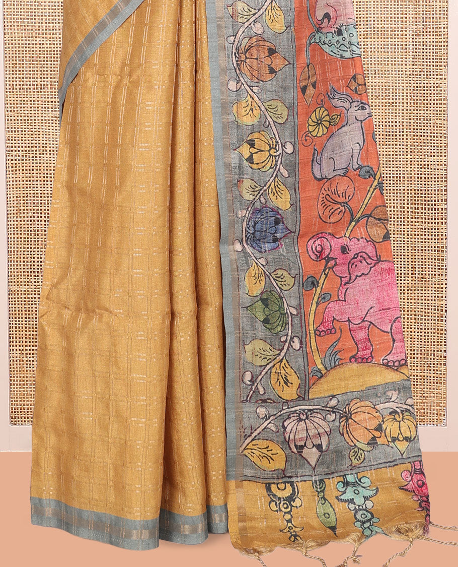 Yellow Fancy Tussar Silk Saree, Embellished with Checked Design, Contrast Zari Piping Border, Pallu of Kalamkari Motifs, and Contrast Kalamkari Printed Blouse