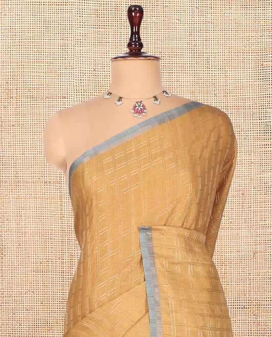 Yellow Fancy Tussar Silk Saree, Embellished with Checked Design, Contrast Zari Piping Border, Pallu of Kalamkari Motifs, and Contrast Kalamkari Printed Blouse