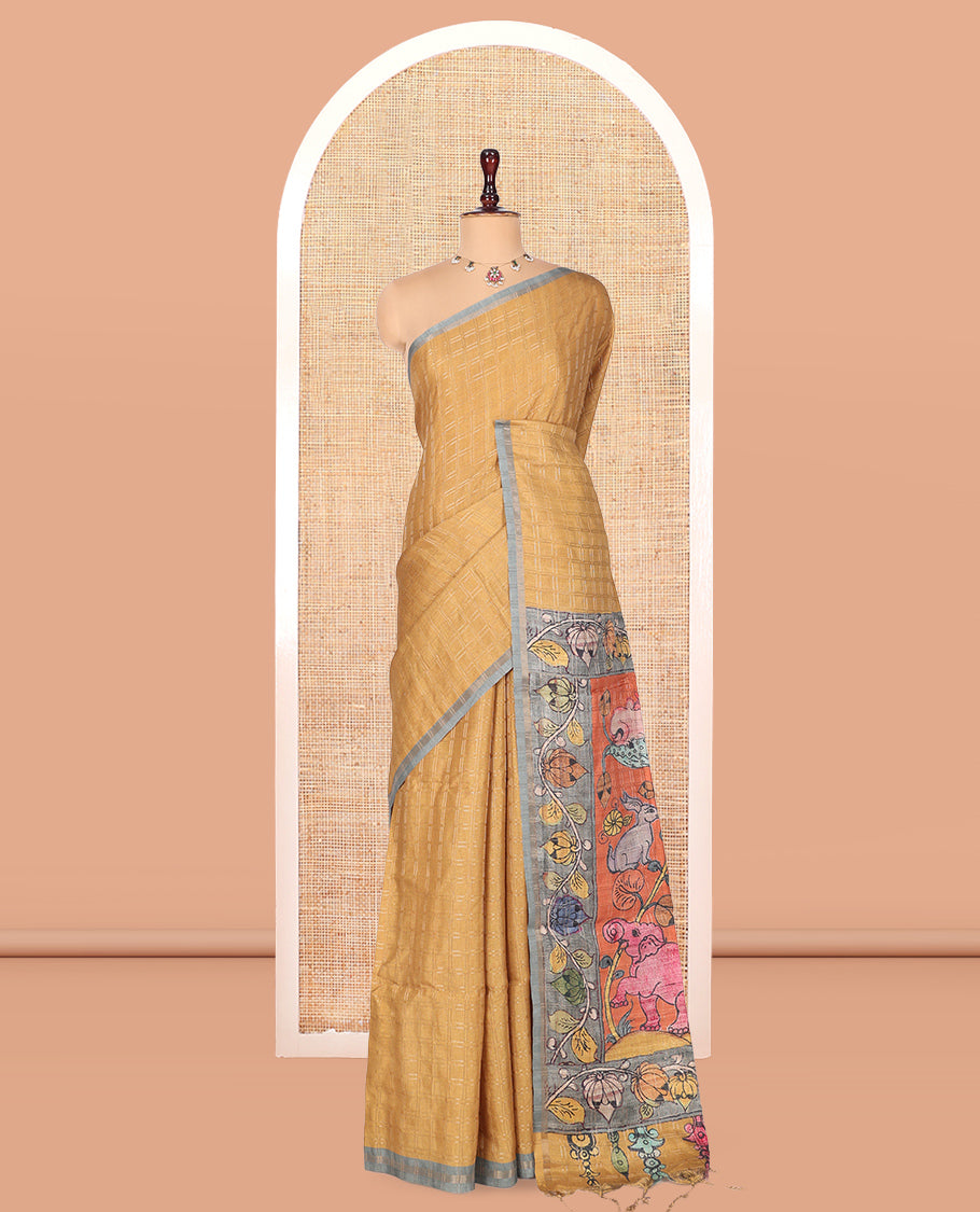 Yellow Fancy Tussar Silk Saree, Embellished with Checked Design, Contrast Zari Piping Border, Pallu of Kalamkari Motifs, and Contrast Kalamkari Printed Blouse