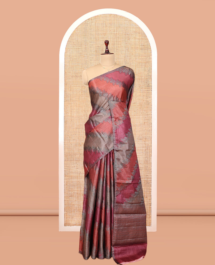Borderless Multi-Color Tussar Silk Saree Features Rankat-Style Diagonal Zari Stripes, Sparsely Woven Pallu, and a Matching Blouse