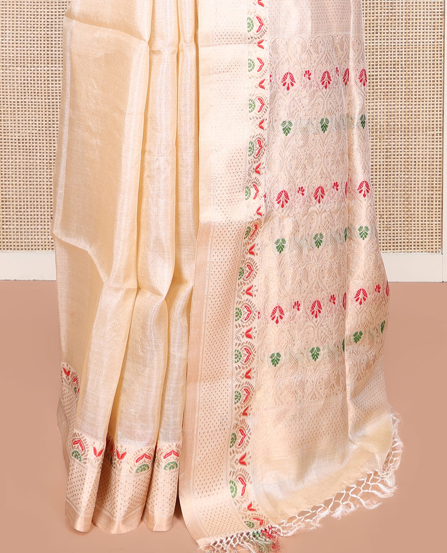Cream Tussar Silk Saree, Woven with Buttas on Its Body, Subtle Border of Unique Motifs, Pallu of Ogee Patterns, and Paired with a Matching Blouse