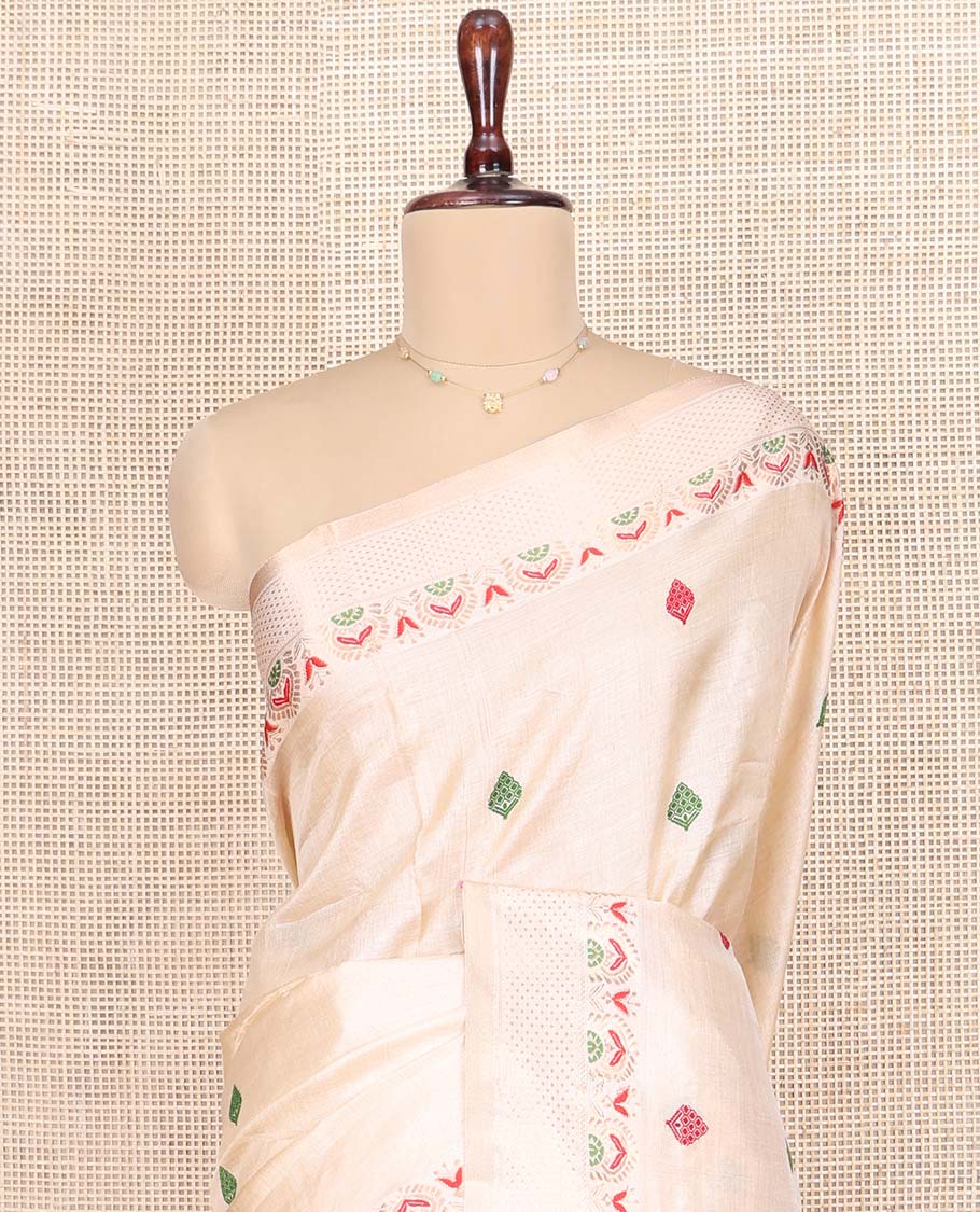 Cream Tussar Silk Saree, Woven with Buttas on Its Body, Subtle Border of Unique Motifs, Pallu of Ogee Patterns, and Paired with a Matching Blouse