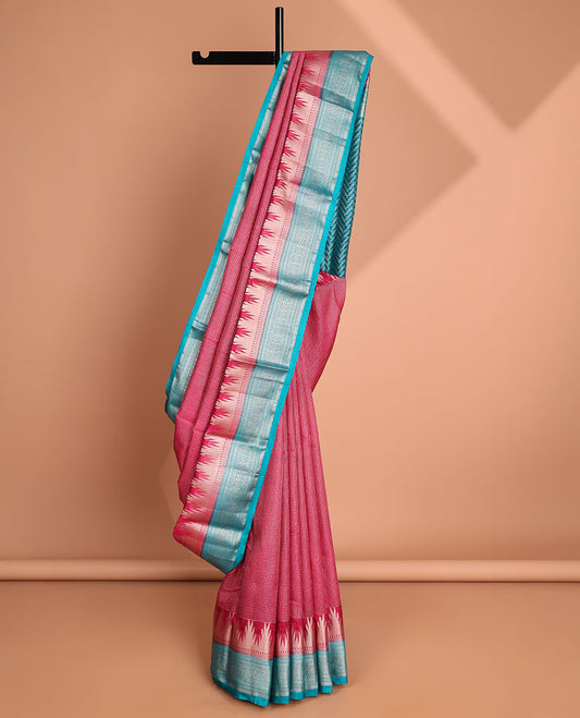 Red checked tussar saree with contrast traditional zari design border & chevron design pallu