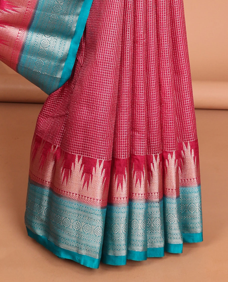 Red checked tussar saree with contrast traditional zari design border & chevron design pallu