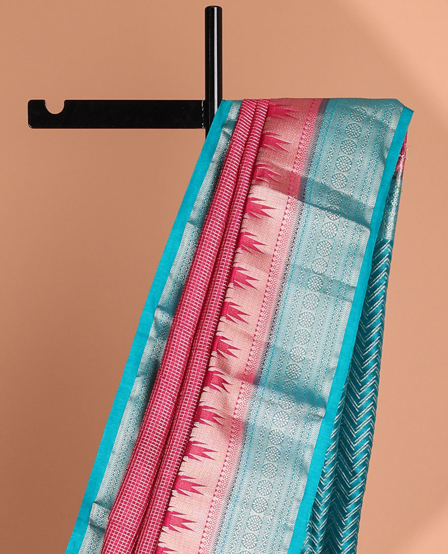 Red checked tussar saree with contrast traditional zari design border & chevron design pallu