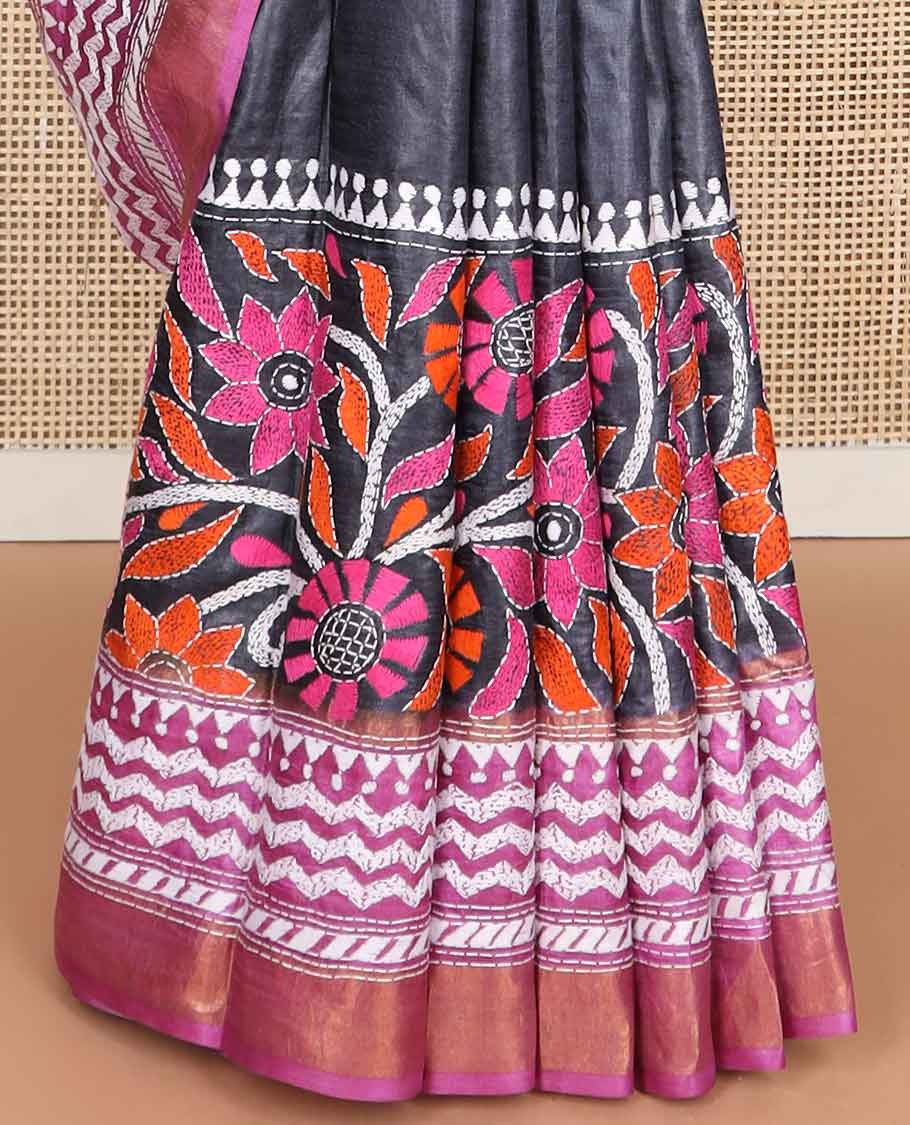 Black floral thread embroidery tussar silk saree with contrast geometric design border & floral embroidery pallu