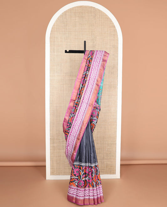 Black floral thread embroidery tussar silk saree with contrast geometric design border & floral embroidery pallu