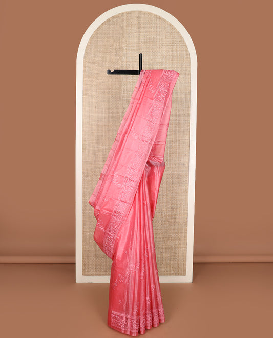 Pink diagonal floral stripes thread embroidered tussar saree, floral creeper embroidered border