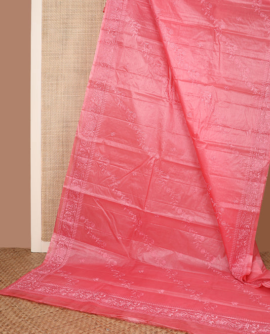 Pink diagonal floral stripes thread embroidered tussar saree, floral creeper embroidered border