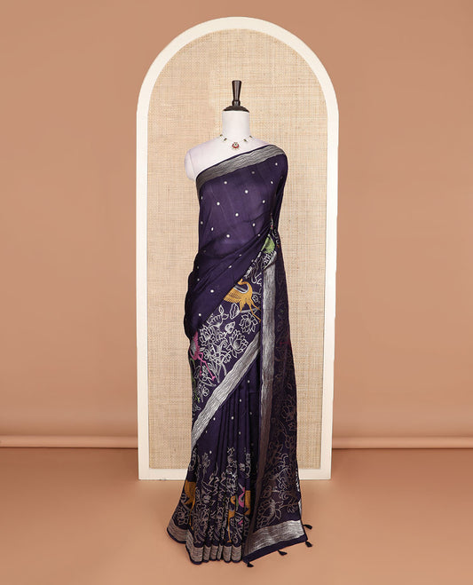 Blue polka dots, swan and lotus meenakari design Matka silk saree, zari border, and pallu of swan, and lotus designs