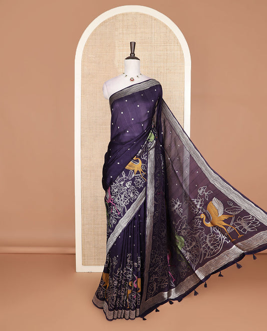 Blue polka dots, swan and lotus meenakari design Matka silk saree, zari border, and pallu of swan, and lotus designs
